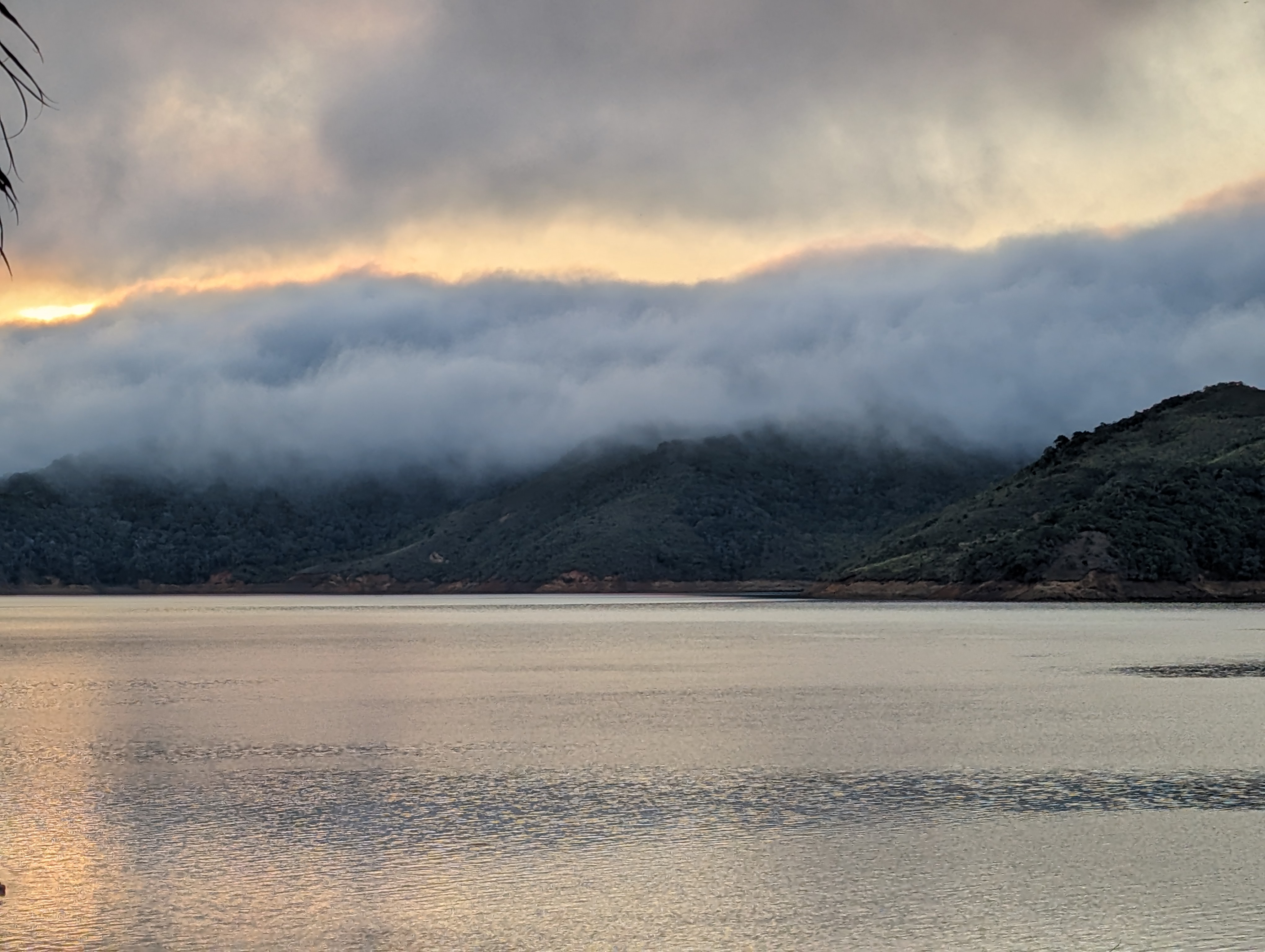 A landspace picture of Calima Lake, during a foggy morning